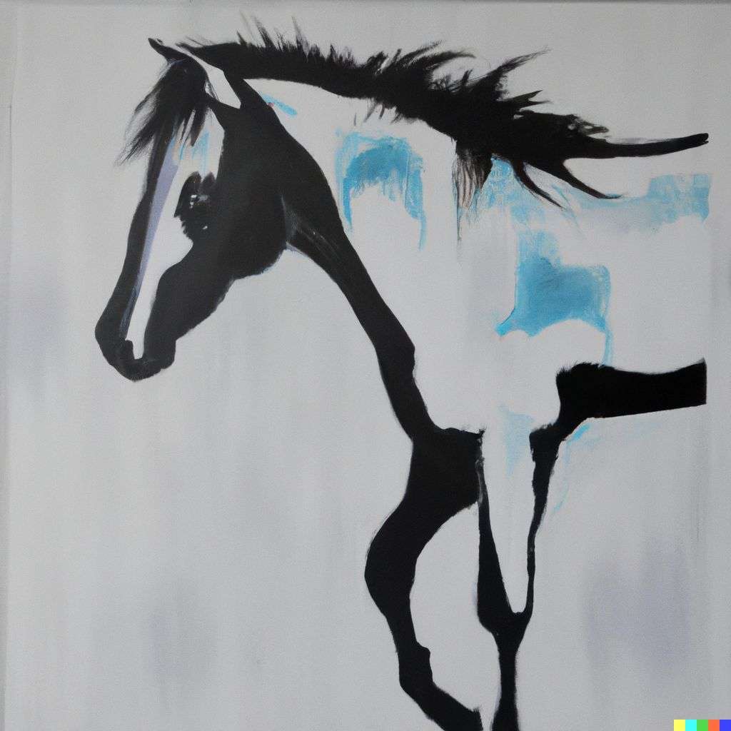 minimalist painting of a horse in black, white, grey and blue paint on canvas
